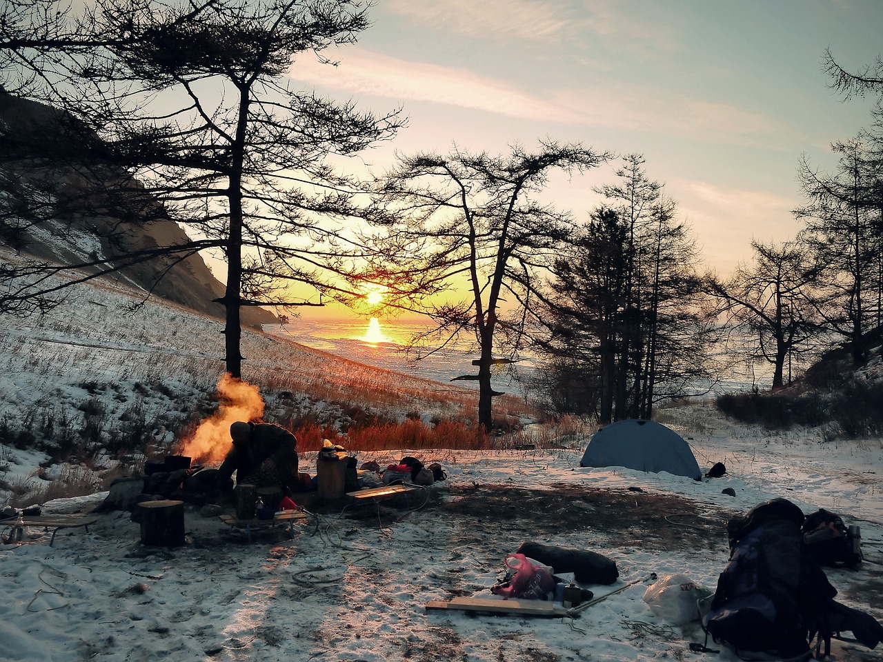 winter landscape, camping, adventure