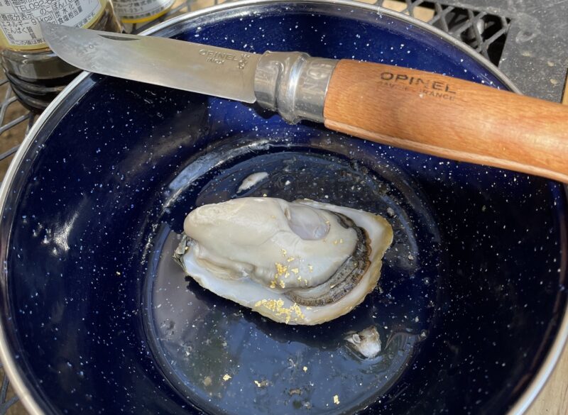 牡蠣をオピネルナイフで出して金粉かけてみた