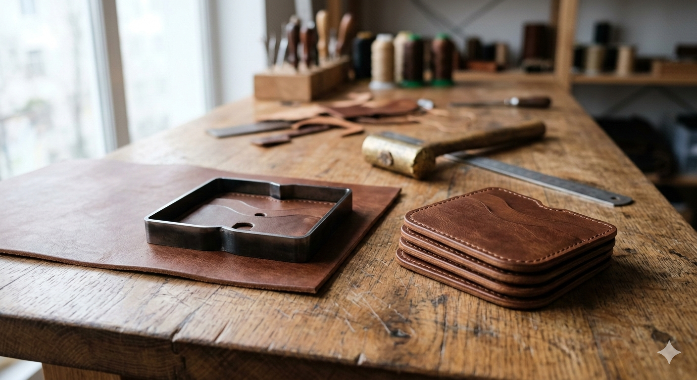 レザークラフト用の抜き型（スウェーデン鋼）と裁断された革パーツのイメージ